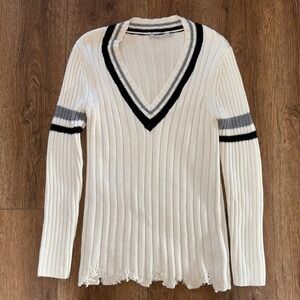 Revolve x One Grey Day Knit V-Neck Stripe Raw Hem Wool Sweater Womens M academia